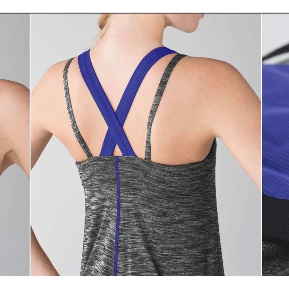 Lululemon Run For Gold Tank Heathered‎ Black / Iris Flower women's 6 workout fit